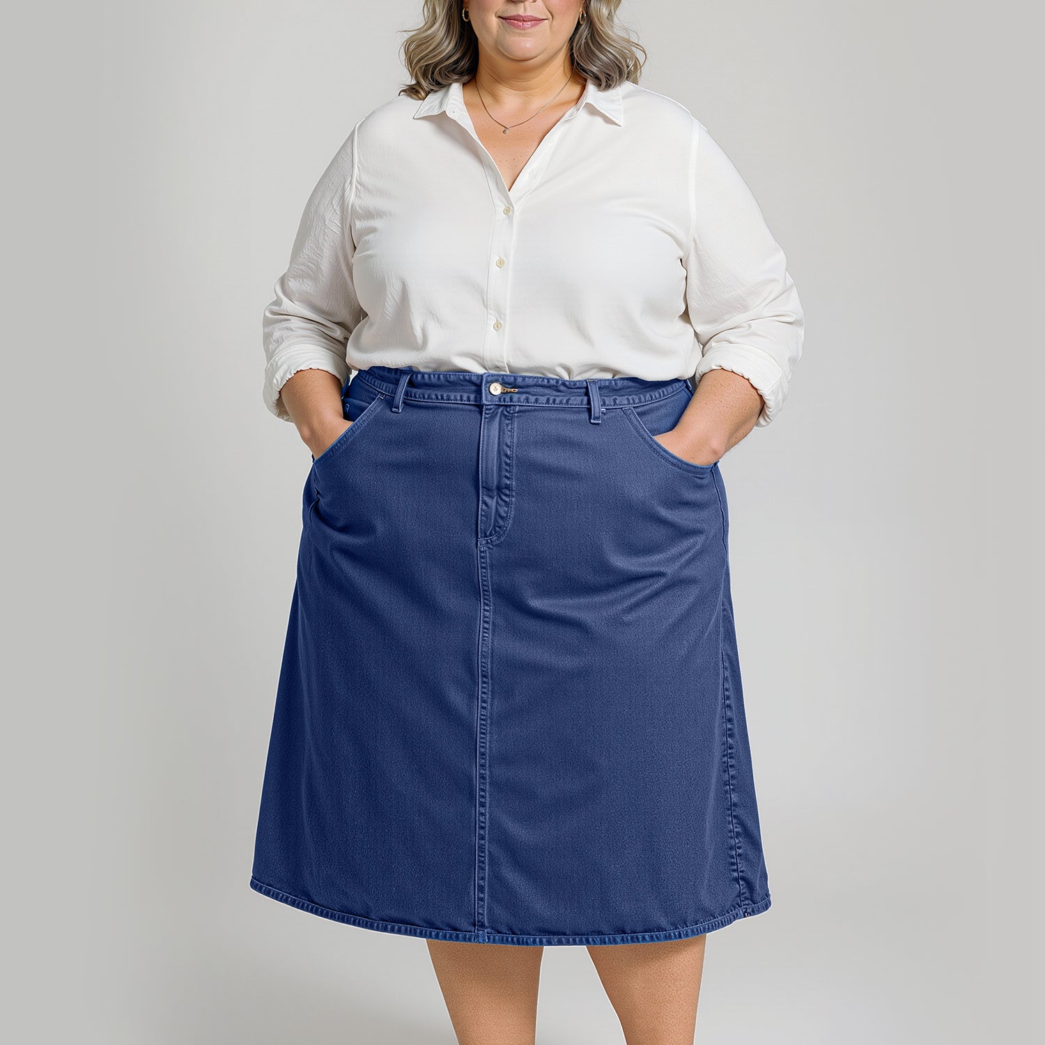 Elara Ease Denim Midi Skirt | Soft Grace